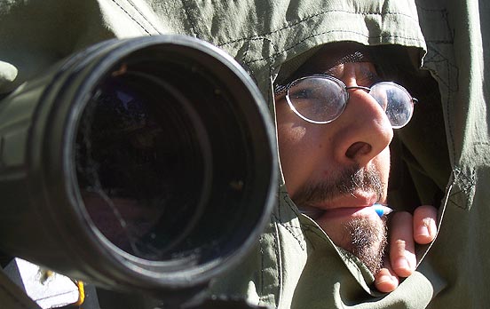 bird watcher looking out of a blind