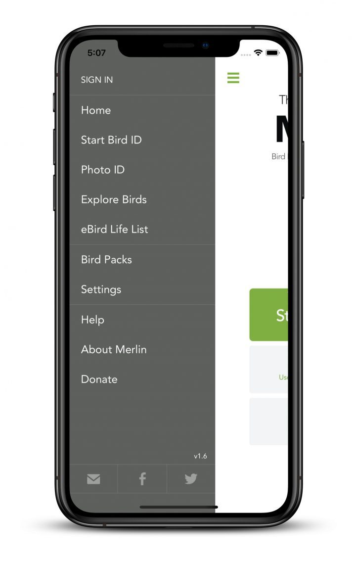 hamburger menu / main menu in Merlin Bird ID app